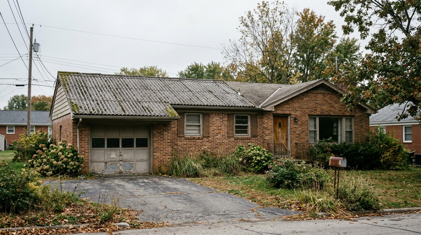 Older home with weathered cement roofing panels typical of pre-1980 construction Older home with weathered cement roofing panels typical of pre-1980 construction
