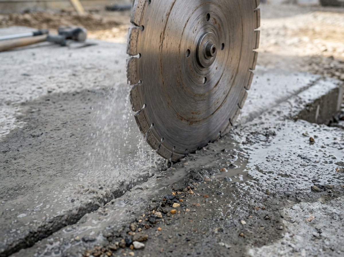 Diamond blade mid-cut through a concrete slab with water spray for dust suppression