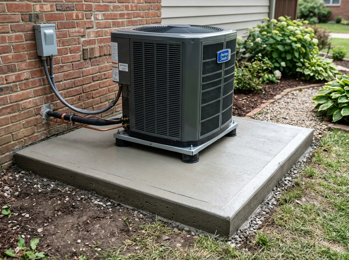 Freshly poured concrete plinth supporting an outdoor HVAC unit in a residential backyard