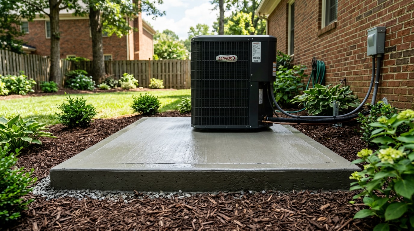 Concrete plinth pad supporting an HVAC unit in a Pineville, NC backyard Concrete plinth pad supporting an HVAC unit in a Pineville, NC backyard