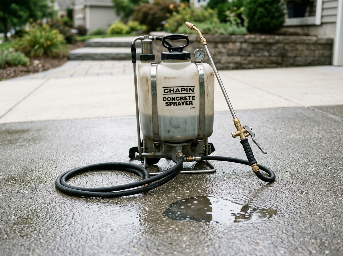 Technician using a backpack concrete sprayer to apply sealer on a driveway