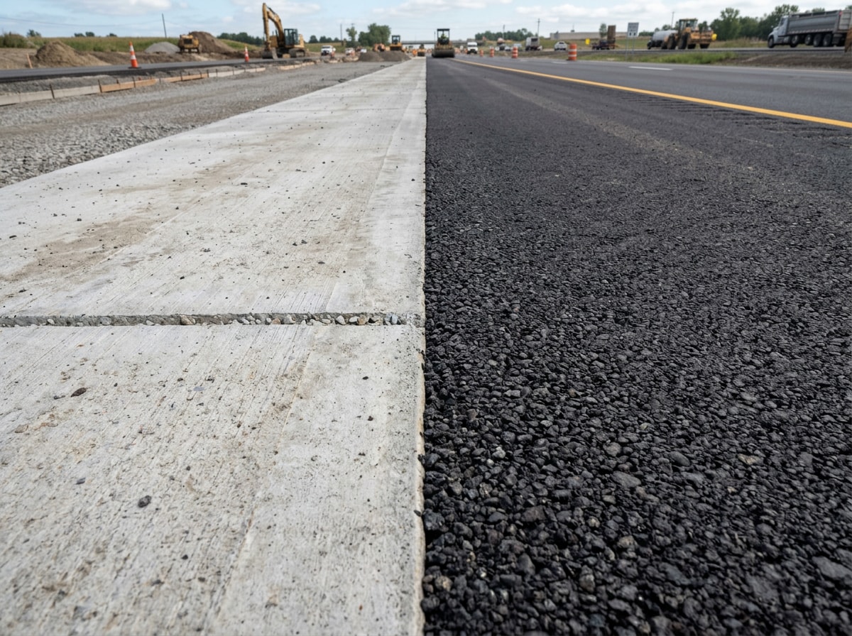 Losa de concreto hidráulico recién terminada con juntas de control cortadas, comparada visualmente con una sección de pavimento de asfalto
