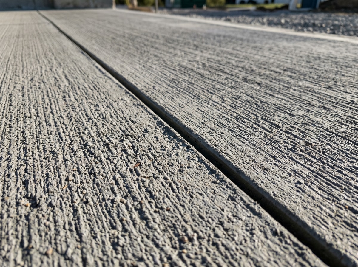 Vista cercana de una losa de concreto hidráulico con acabado escobillado y juntas de control bien definidas