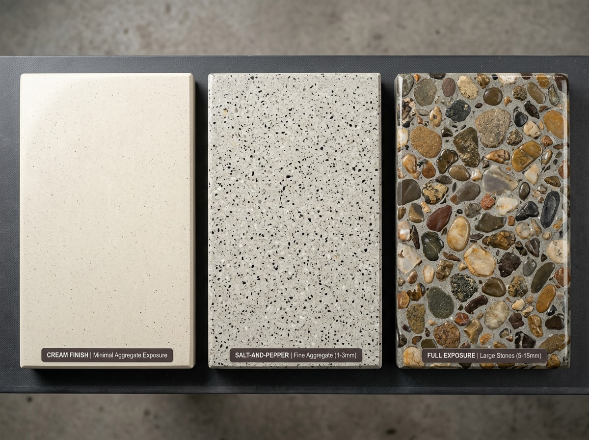 Side-by-side comparison of cream, salt-and-pepper, and full-aggregate exposed concrete