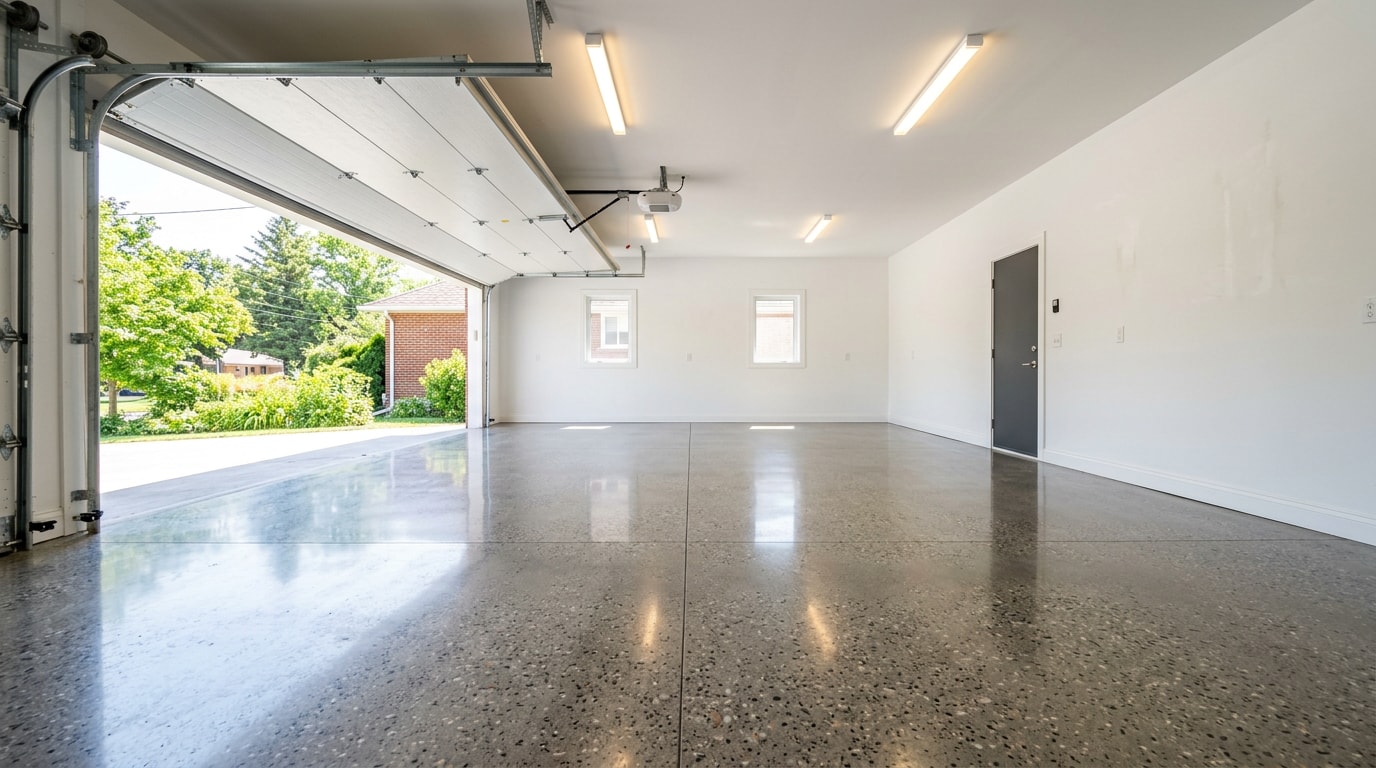 Polished concrete garage floor with satin sheen in a residential garage