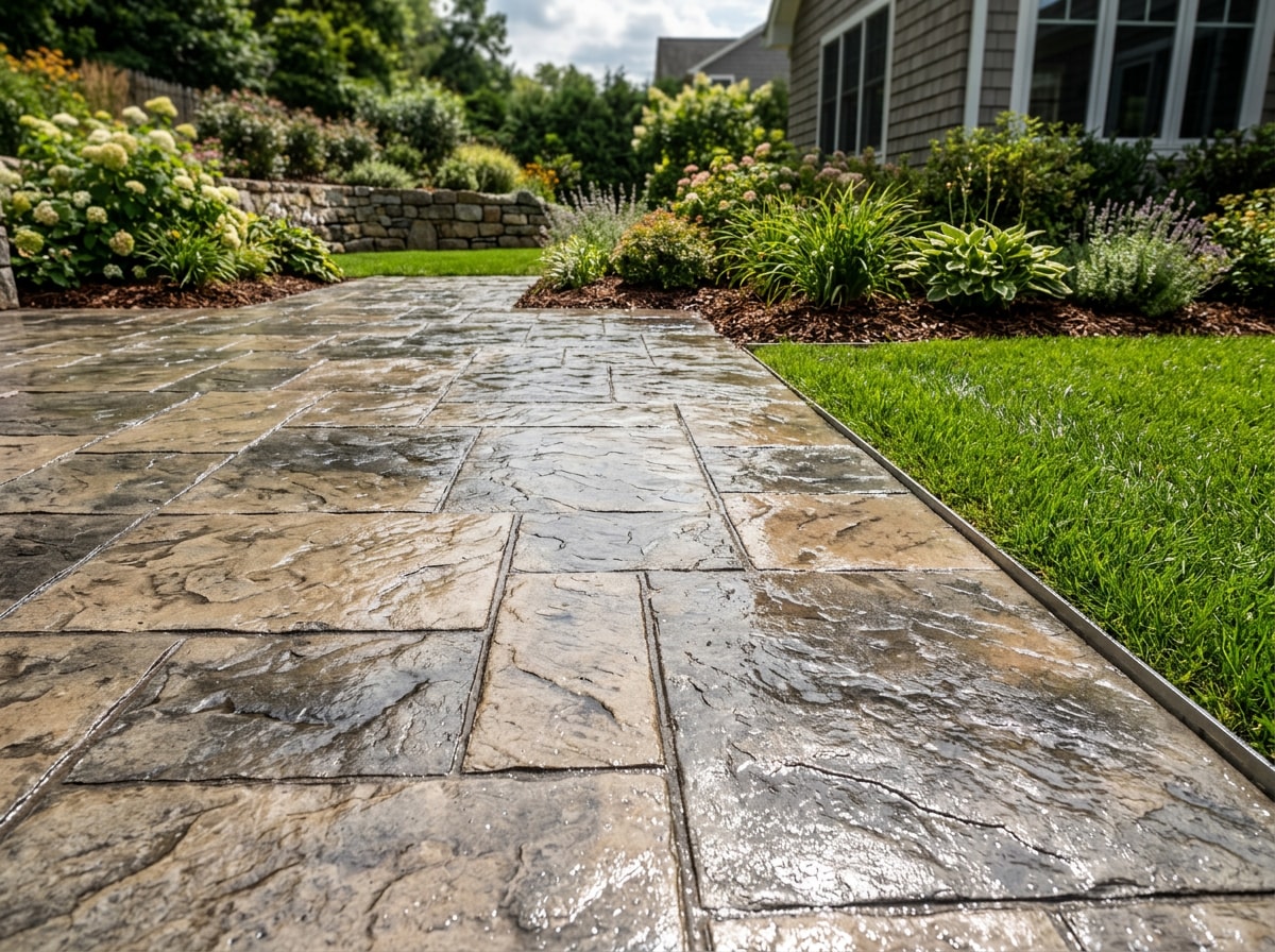 Sealed stamped concrete patio with a glossy wet-look finish in a Pineville, NC backyard