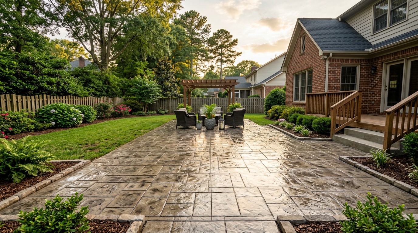 Freshly sealed stamped concrete patio with glossy wet-look finish in a Pineville, NC backyard