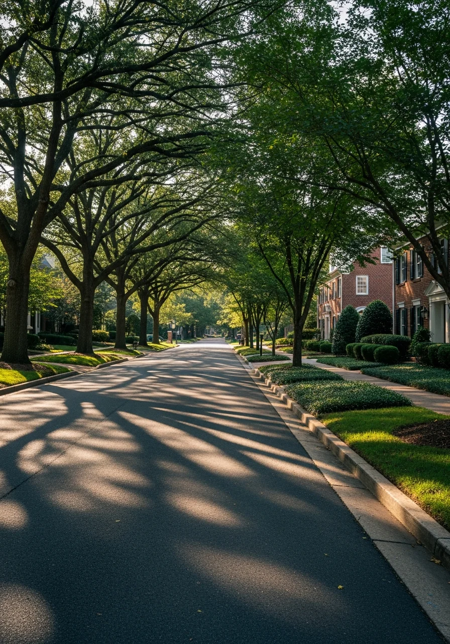 Close-up of a residential street in Charlotte with mature trees, brick homes, and well-maintained properties.