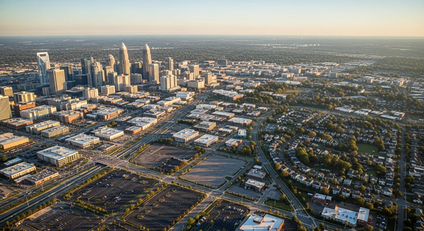 Aerial view of Charlotte's skyline with uptown towers and suburban neighborhoods spreading across the horizon.