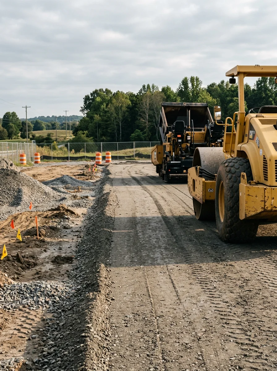 Commercial asphalt parking lot under construction in Troutman with heavy equipment and base preparation work visible