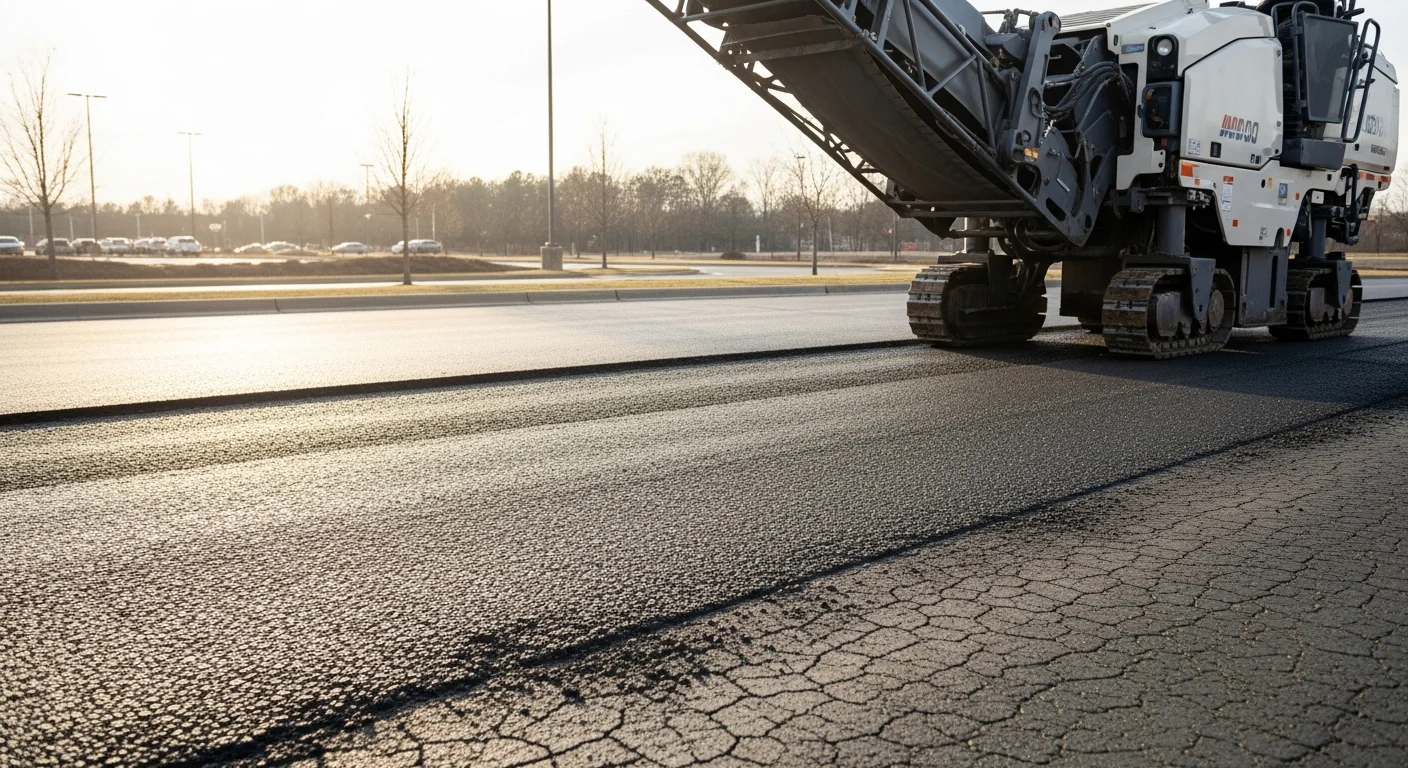 A milling machine grinding the top layer of deteriorated asphalt on a Charlotte Metro parking lot, leaving a clean, textured surface ready for a new asphalt overlay.
