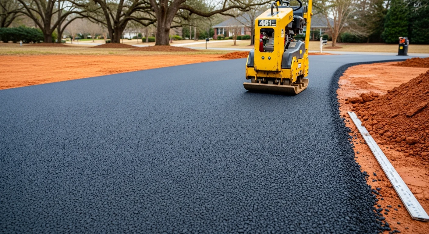 Freshly paved black asphalt residential driveway in front of a single-family home in the Charlotte Metro area. The surface is smooth and evenly compacted with clean edges along the lawn border.
