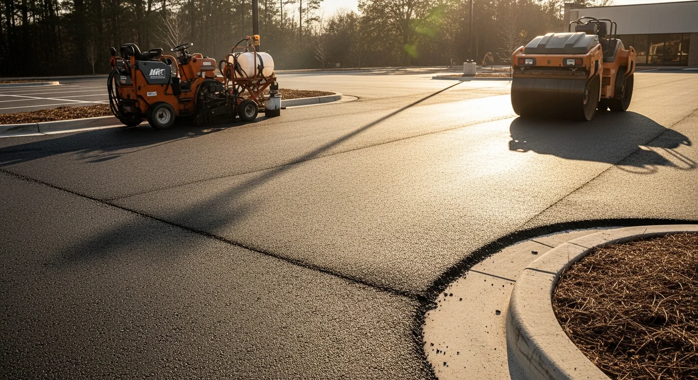 Freshly paved commercial asphalt parking lot at a Charlotte Metro business property, showing smooth dark pavement with clean lot lines and proper drainage grading.