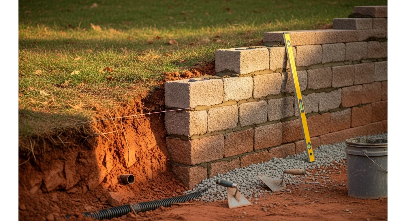 A repaired retaining wall on a sloped residential property in the Charlotte Metro area, showing realigned block sections and stable soil behind the wall. The surrounding clay soil and graded slope reflect typical Charlotte area terrain.